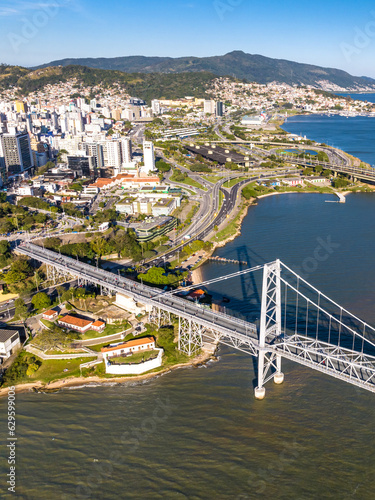 Florianopolis in Santa Catarina. Hercilio Luz Bridge. Aerial image.