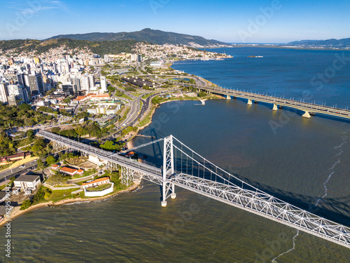 Florianopolis in Santa Catarina. Hercilio Luz Bridge. Aerial image.
