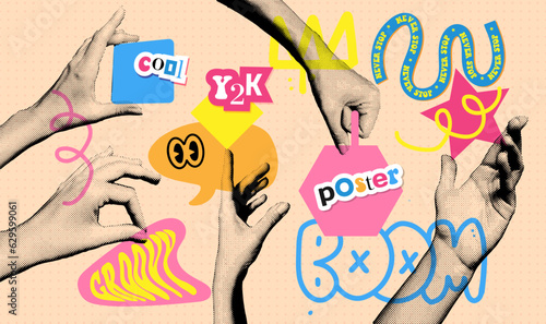Collection of halftone hands holding something. Vector dotted illustration with gestures of hands with for decoration of retro banners and vintage postres. Collection of paper collage elements.