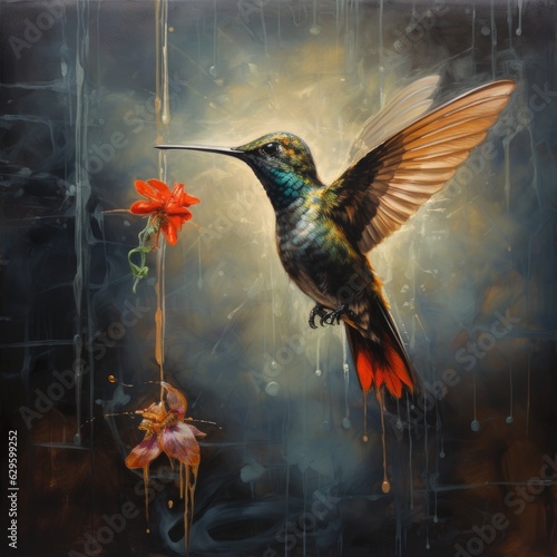 Hummingbird with flower in its beak on a grunge background