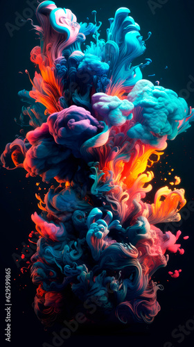 Magical multicolored smokes, cloud, or color fog on a black background, Abstract vertical banner Generative Ai