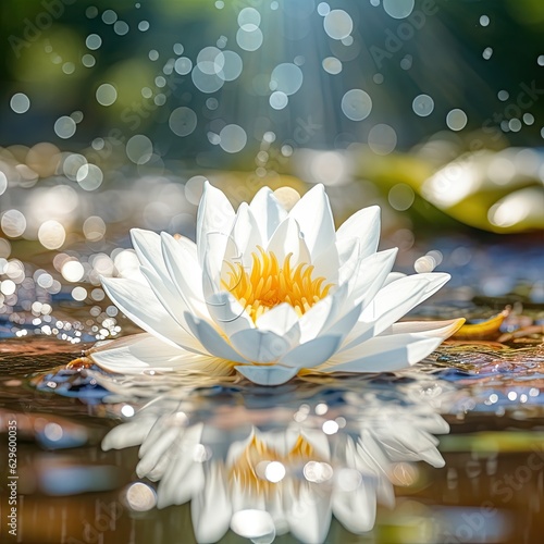 Beautiful white water lily with dew drops on the water surface