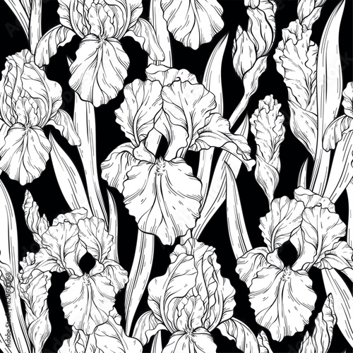 Seamless Black and white pattern with iris flowers