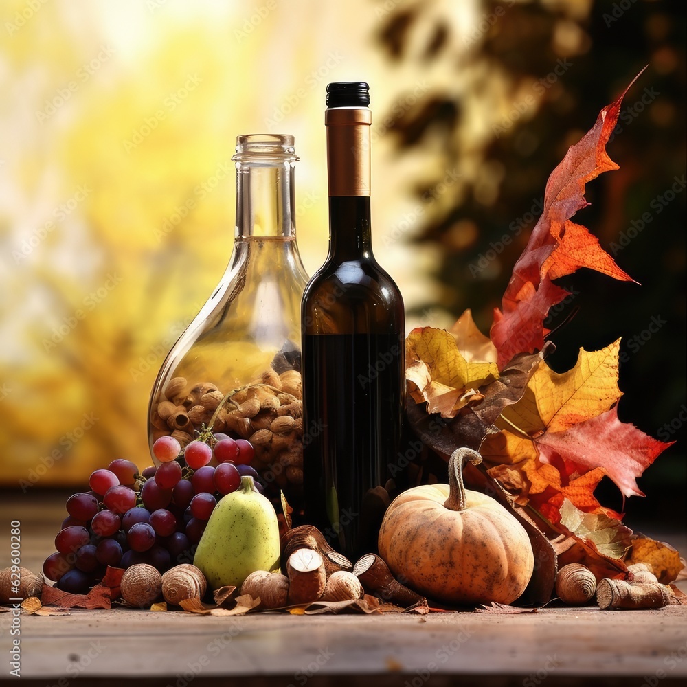 bottles of wine, grapes, nuts and autumn leaves on wooden background