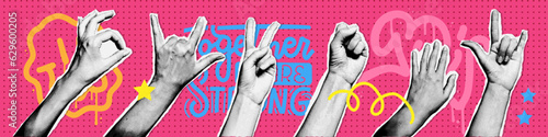 Collage element with hands gestures cutout paper shapes and doodle element. Vintage mixed media vector set. Retro halftone effect collage stickers. The gesture of peace, okay, rock, power.