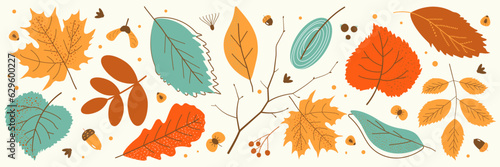 Hand drawn horizontal banner pattern with autumn bright leaves and berries in retro color. Flat doodle style. Vector illustration.