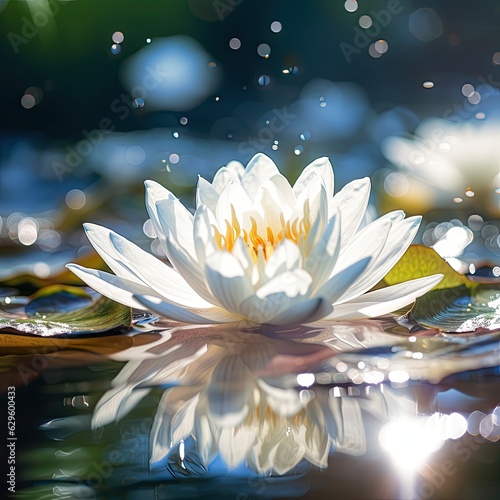 Beautiful water lily in the pond with sunbeams.