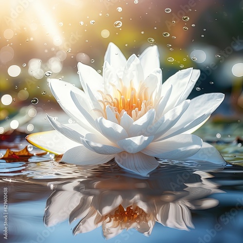 Beautiful water lily in the pond with sunbeams.