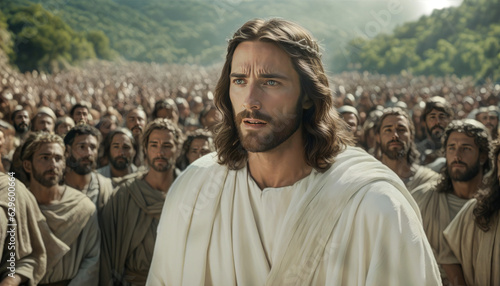 jesus christ in with clothes and golden decoration staying in front of crowd looking worried away, crowd in background, generative AI