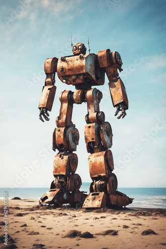 immagine di vecchio e rugginoso possente robot meccanico gigante abbandonato su un spiaggia, cielo sereno e luminoso, mare calmo, vista dal basso