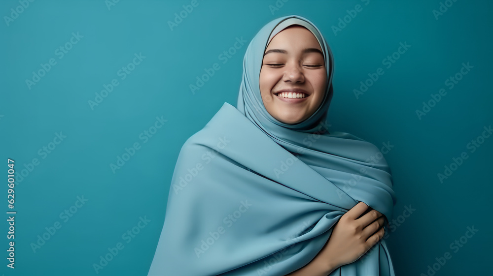 Embrace equity on multiracial Internal Women's Day. Muslim Asian woman good mood hands hug herself shoulders enjoy joyful blue cloth generative ai Embrace equity on multiracial Internal Women's Day. Muslim Asian woman good mood hands hug herself shoulders enjoy joyful blue cloth generative ai