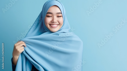 Embrace equity on multiracial Internal Women's Day. Muslim Asian woman good mood hands hug herself shoulders enjoy joyful blue cloth, generative ai