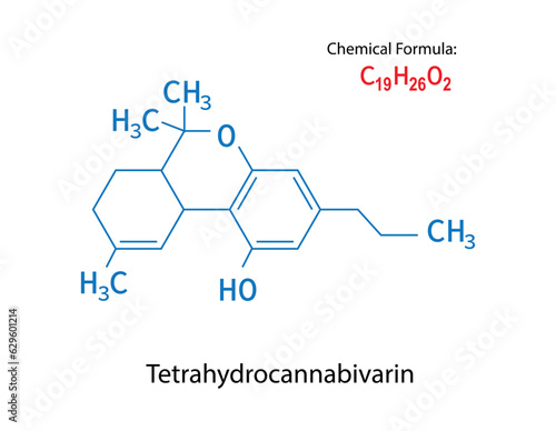 Tetrahydrocannabivarin or THCV cannabinoid molecule skeletal formula. Vector illustration.