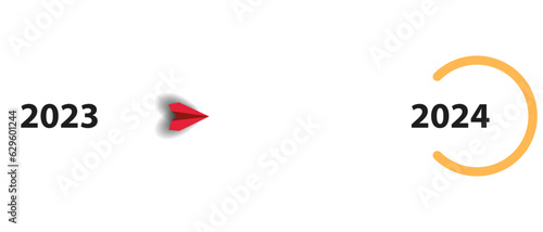 Red airplane flying in 203 to the new year 2024.
business creativity new idea discovery innovation technology. new year idea concept.
