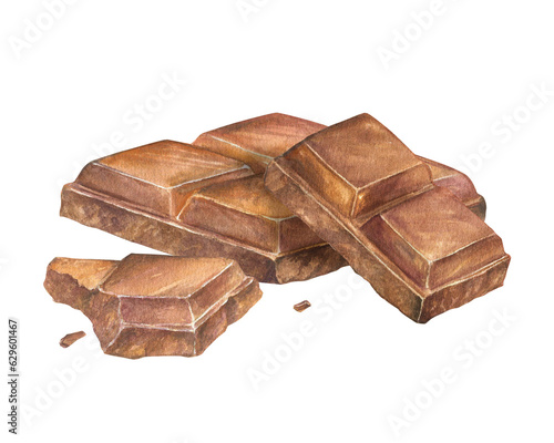 Watercolor illustration of a piece of milk or dark chocolate bar. Hand drawn, suitable for prints, menu design