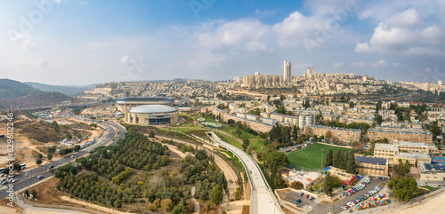 Aerial view of a highway leading to a shopping center, Jerusalem, Israel. photo