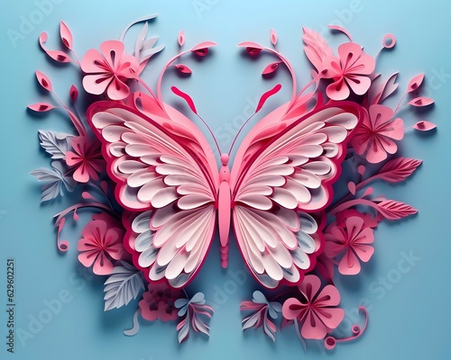 3D, butterflies, flat background, layered forms, paper quilling, masterpiece, trending on Artstation and Dribbble, pink color pallette,