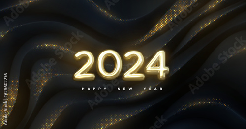 Golden numbers 2024 on black geometric background with glitters. Happy New 2024 Year. Vector holiday illustration. Festive event banner. Wavy topographic backdrop.