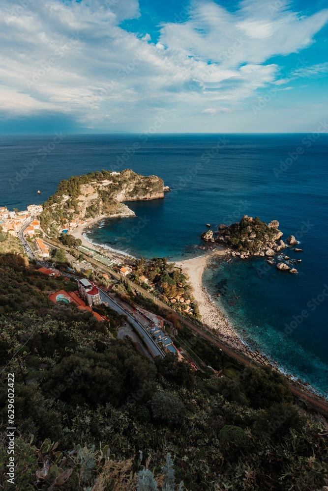 Stunning aerial view of Isola Bella, the picturesque island in the Mediterranean Sea