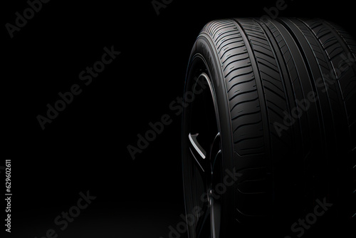 Tire close-up on black background. AI technology generated image