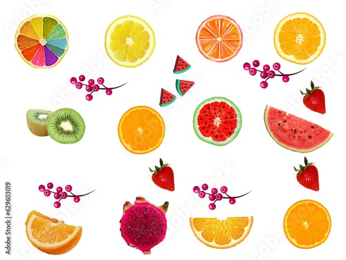 Fototapeta Naklejka Na Ścianę i Meble -  flat lay trendy seamless pattern sliced mixed citrus fruits like background with different berries, concept of healthy eating, dieting, top down