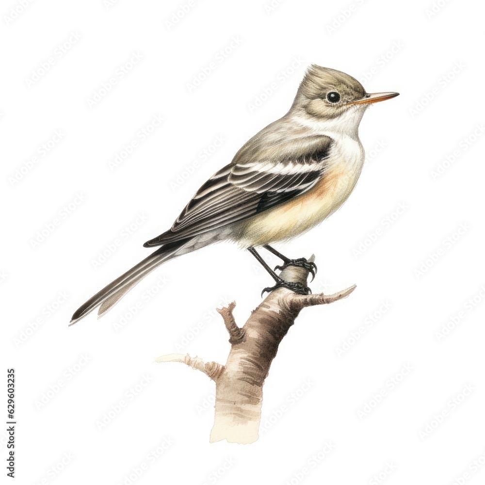 Fototapeta premium Alder flycatcher bird isolated on white. Generative AI