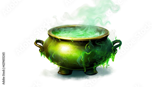 Cauldron with bubbling green potion, emitting eerie smoke, Halloween cauldron, witch's brew, magical potion, bubbling liquid, Halloween concept