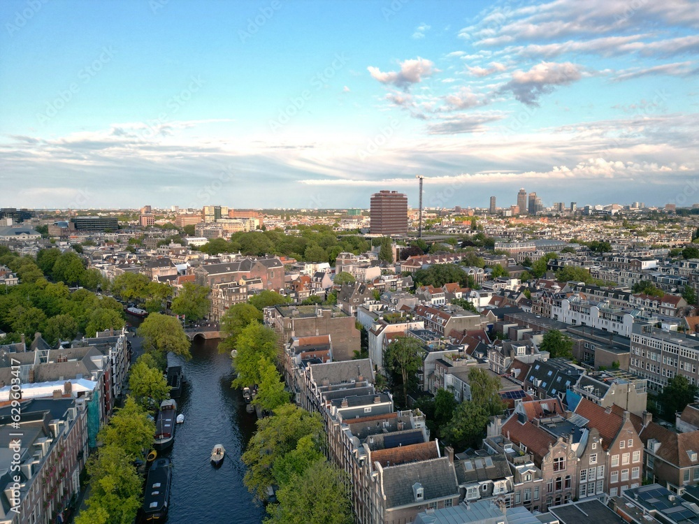 Canal in Amsterdam, trees, sky, clouds, old buildings, architecture, Netherland, view, landscape