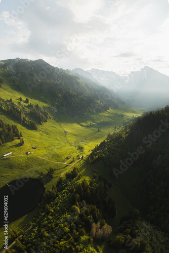 Aerial drone view a lake surrounded by lush green grass, Grappelensee, Wildhaus, Laui, St. Gallen, Switzerland. photo