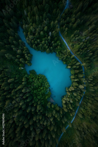 Aerial drone view a blue water lake, Lag Prau Tuleritg, Flims, Graubunden, Switzerland. photo
