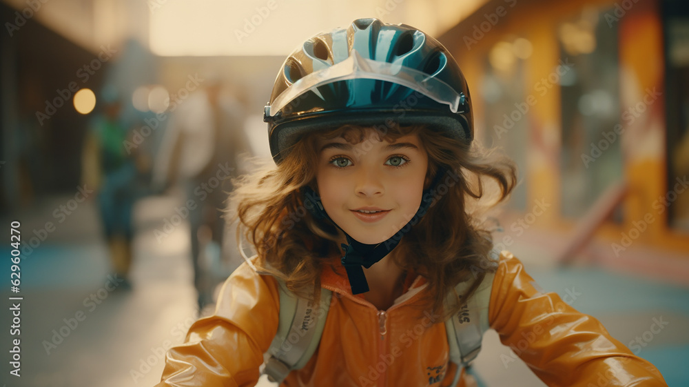 A girl riding a bicycle for the first time by wearing a helmet for safety. generative AI A girl riding a bicycle for the first time by wearing a helmet for safety. generative AI