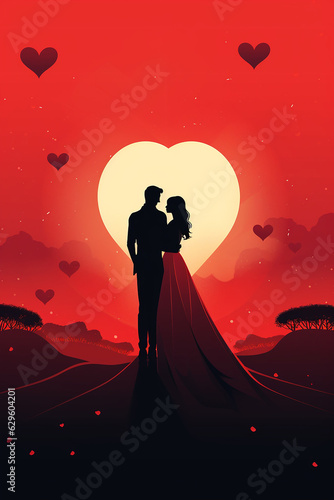 silhouette of the bride and groom. Wedding and romantic valentine's day card for beloved partner. 