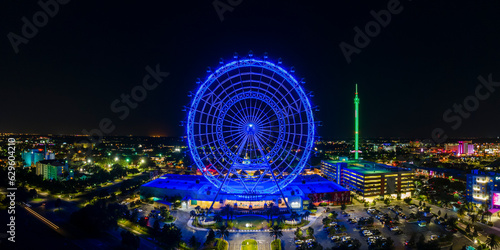 Panoramic aerial View of the Wheel at Icon Park at night in Orlando, Florida, United States.