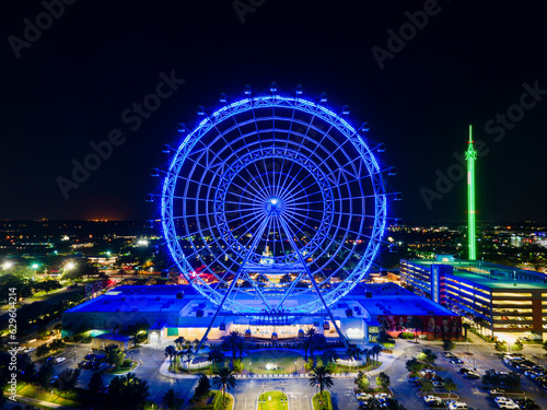 Aerial View of the Wheel at Icon Park at night in Orlando, Florida, United States.