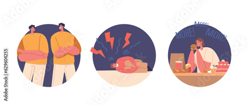 Isolated Round Icons or Avatars with Characters Suffer of Psychological Problems. People Experience Emotional Distress
