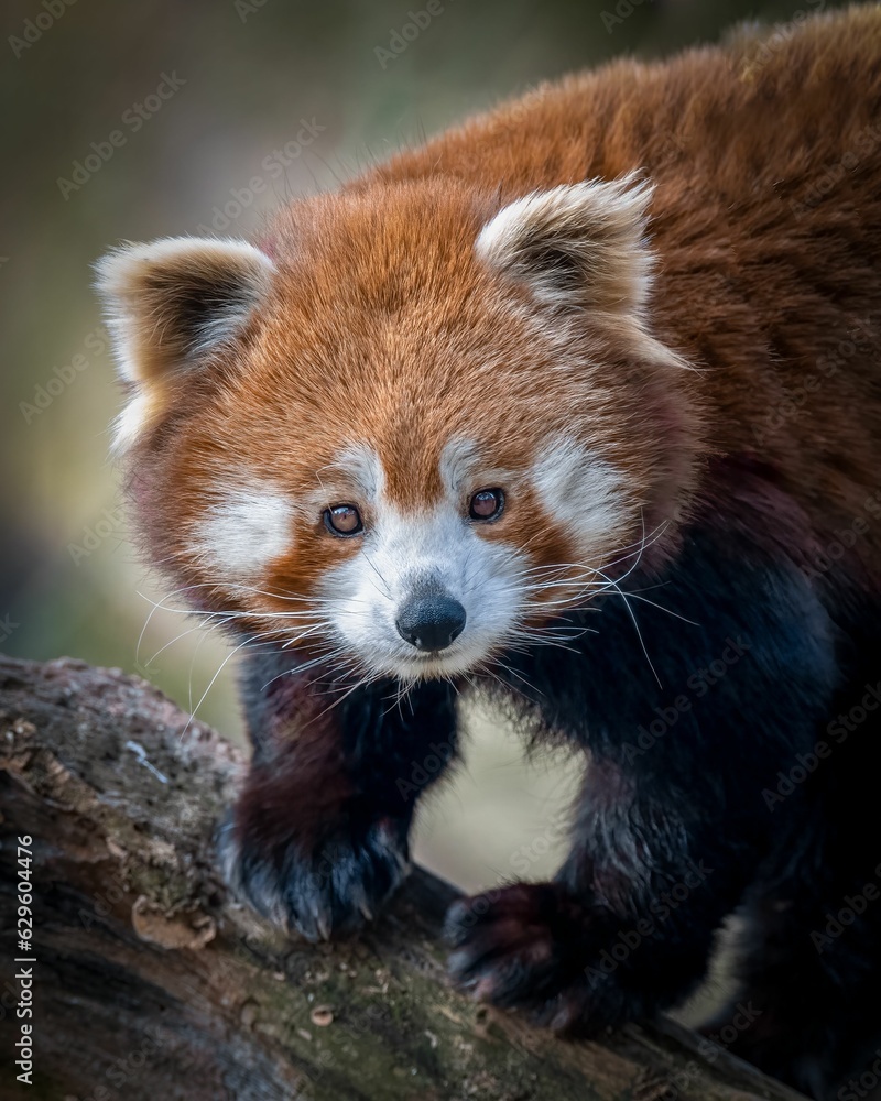 there is a red panda walking on a tree branch with a blurry background there is a red panda walking on a tree branch with a blurry background