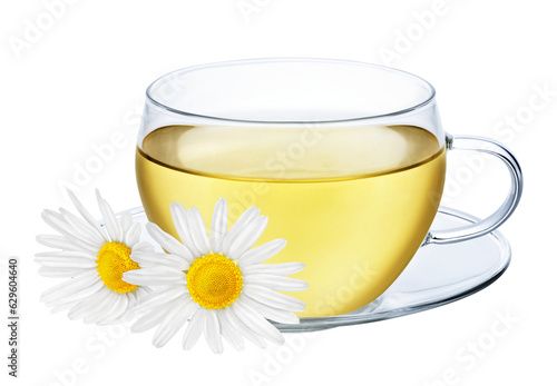 Glass cup of herbal tea with chamomile flower isolated on white or transparent background. Natural hot drink