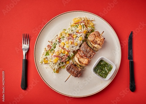 Delicious plate of food, artfully arranged on a table with a fork and knife next to it photo