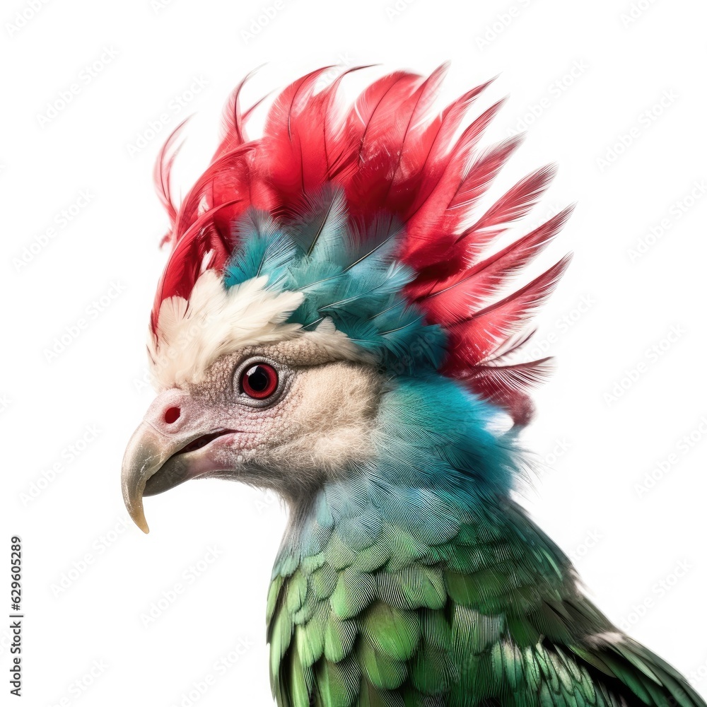 Eared quetzal bird isolated on white. Generative AI