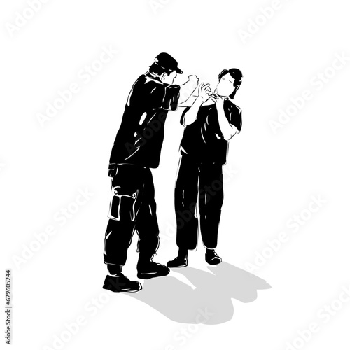 Fake police officer committing fraud or harassment, caricature illustration
