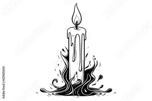 Thick christmas candles burning. Hand drawn sketch engraving style vector illustration.