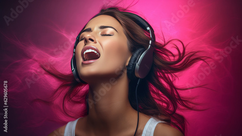 photograph of young woman with headphones listening music and singing loud