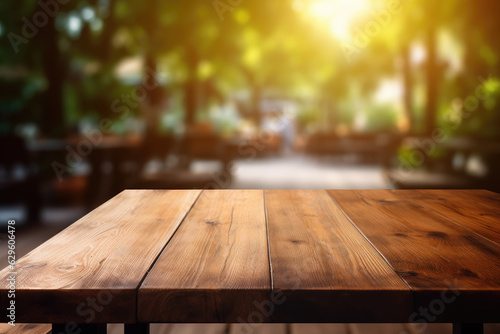 The empty wooden table top with blur background. Generative AI © Nhan