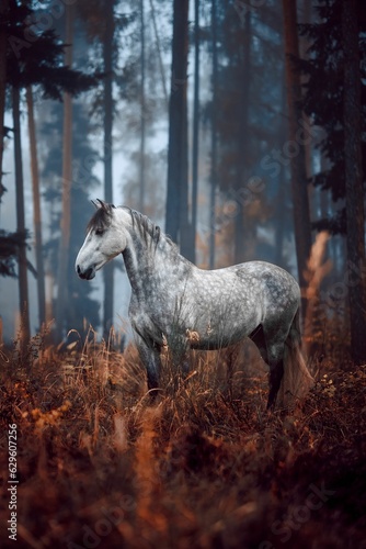 Canvas Print Moody autumn with a grey dapple Andalusian horse in the woods
