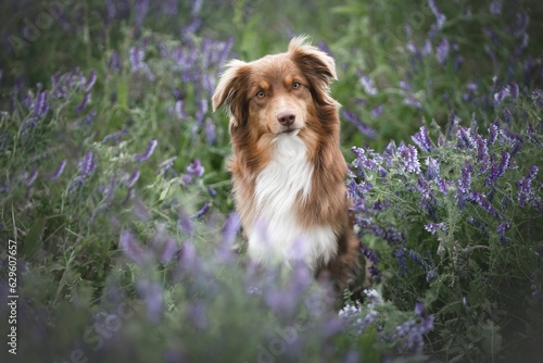 Australien Shepherd dog stands in a flowery field, surrounded by an array of vibrant blooms