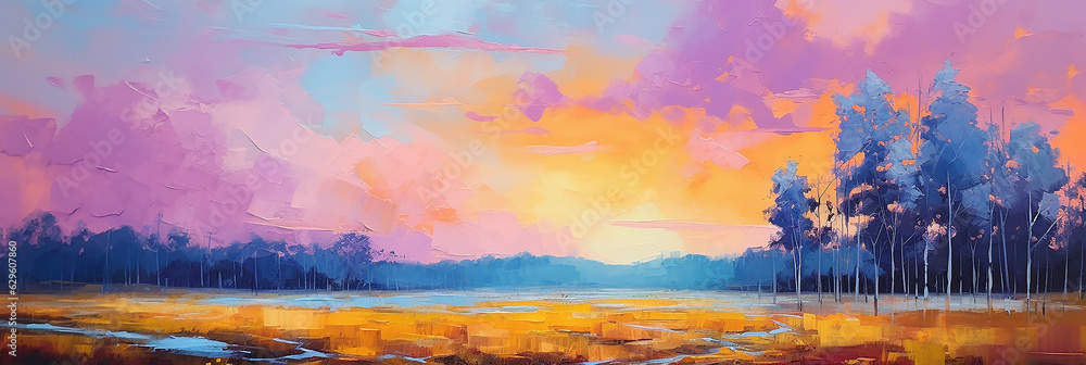 Oil painting of forest at twilight. Pink and orange color tone. Generative AI.