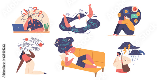 Set Of Characters With Psychological Problems. Mental Health Issues Affecting Emotions, Thoughts, And Behavior