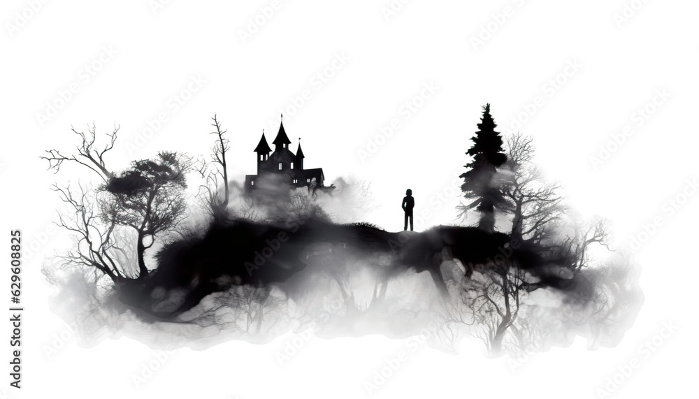 Eerie fog surrounding a spooky scene, adding mystery and suspense, Halloween eerie fog, misty atmosphere, haunting haze, spooky mist, Halloween concept