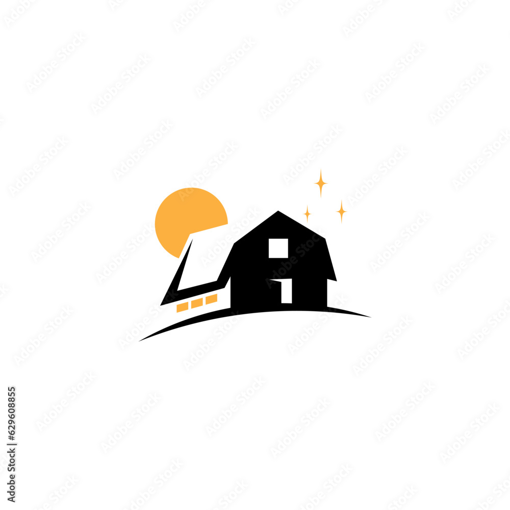 Barn farm silhouette logo design with decorated moon and stars Barn farm silhouette logo design with decorated moon and stars