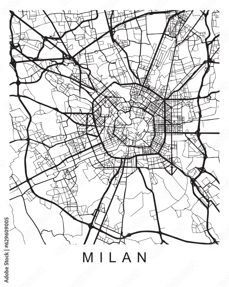 Outlined vector illustration of the map of Milan on the white background